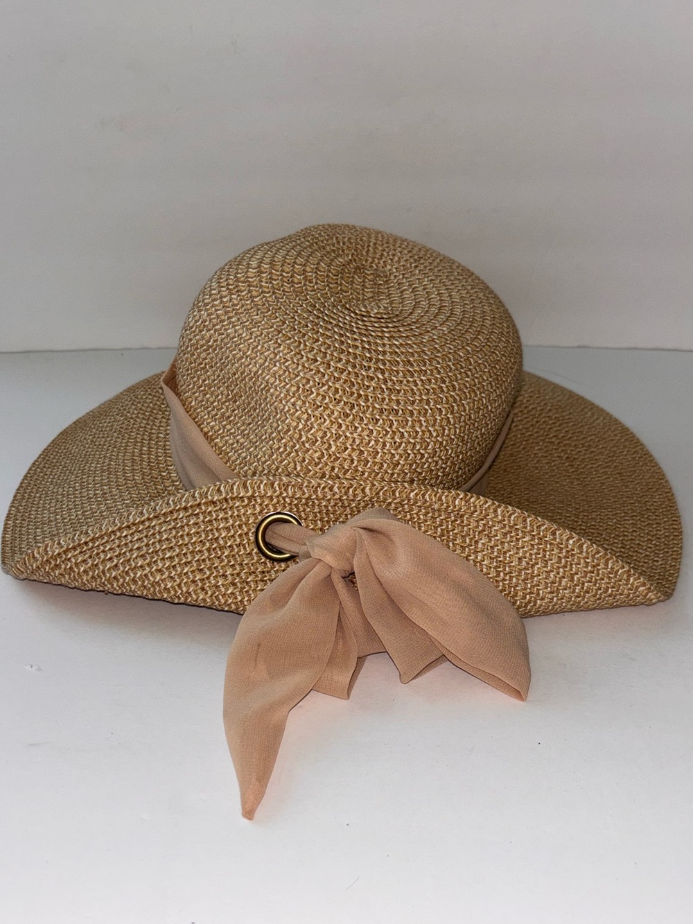 Nine West Wide Brim Straw Sun Hat with Beige Scarf Accent